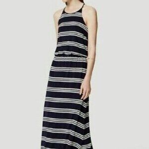 LOFT Striped Maxi Dress SIZE Medium Blue White Stretch Keyhole Button